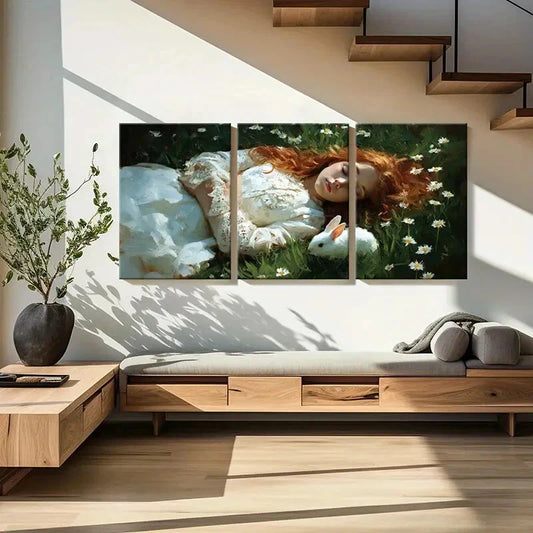 3pcs Garden Scene with Woman in Lace Dress Metal Print Ready to Hang Art