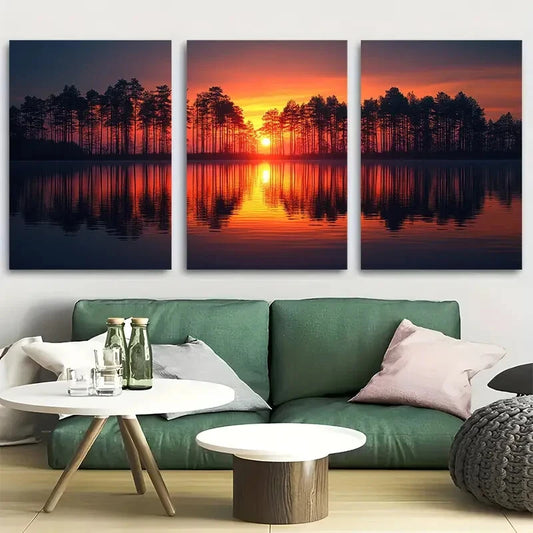 3pcs Twilight Lake Wall Art Serene Sunset Metal Print Ready to Hang Art