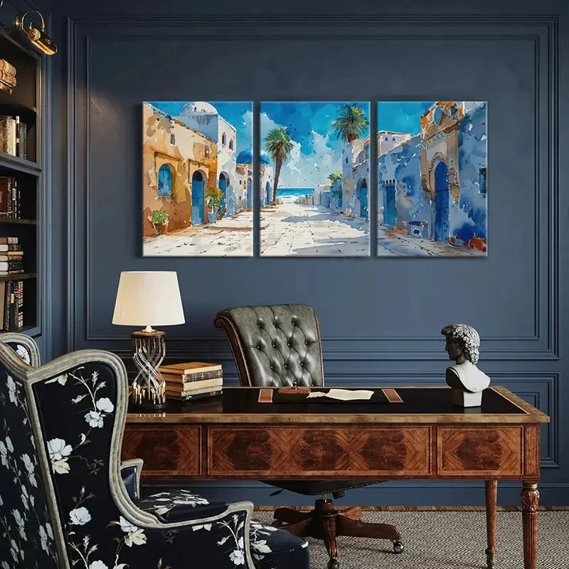 3pcs Palm Trees Coastal Buildings Mediterranean Metal Print Ready to Hang Art