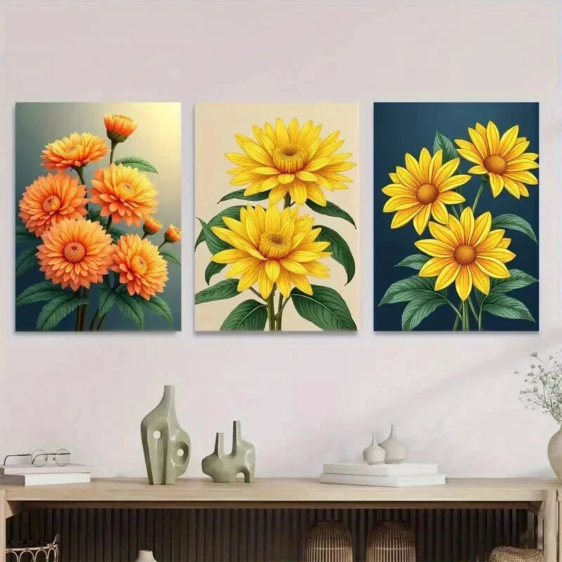 3pcs Vibrant Sunflower Orange Floral Dark Blue Wall Art Set Canvas Framed 50x70cm - High Quality Print 100% Australian Made Wall Canvas Ready to Hang