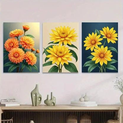 3pcs Vibrant Sunflower Orange Floral Dark Blue Wall Art Set Canvas Framed 50x70cm - High Quality Print 100% Australian Made Wall Canvas Ready to Hang