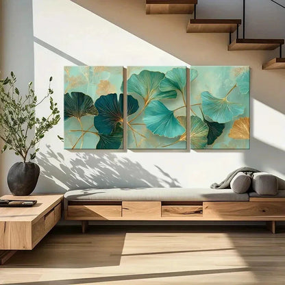 3pcs Ginkgo Leaves Elegant Teal Golden Accents Metal Print Ready to Hang Art