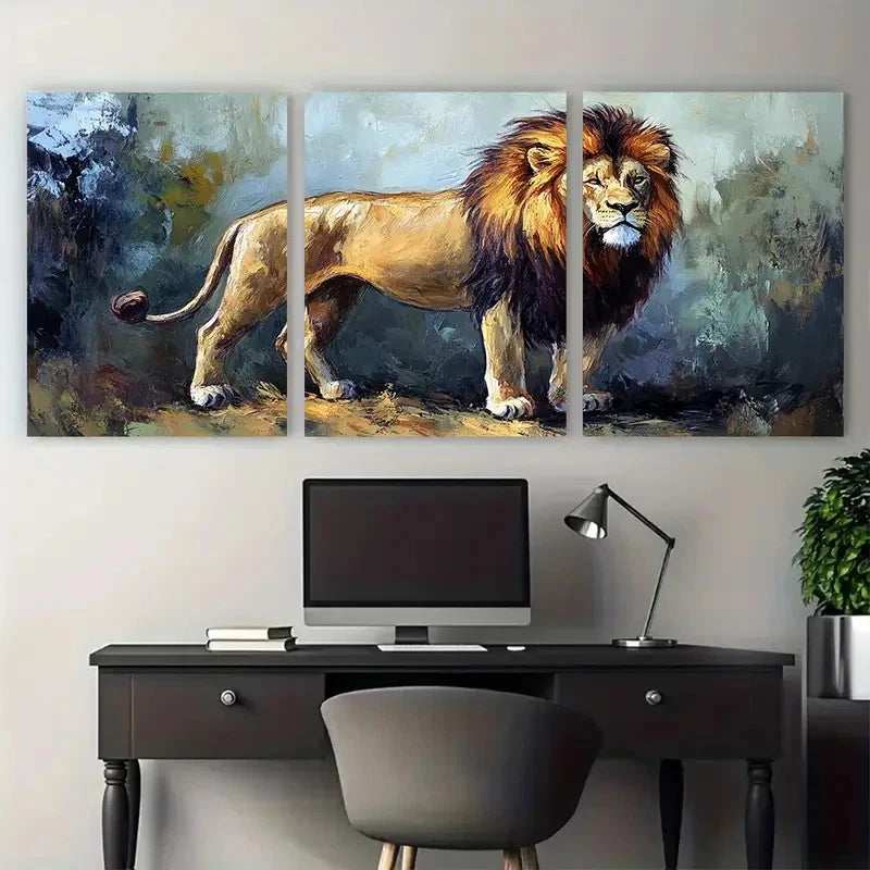3pcs Lion Painting Animal Wild Rustic Design Metal Print Ready to Hang Art