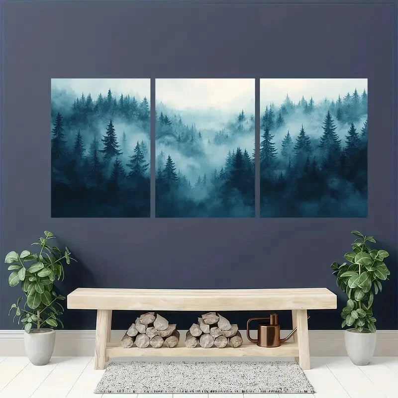 3pcs Featuring Pine Trees and Soft Fog Poster Metal Print Ready to Hang Art