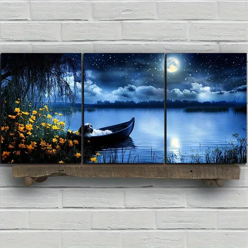 3pcs The Dog Sleeping on The Small Boat Metal Print Ready to Hang Art