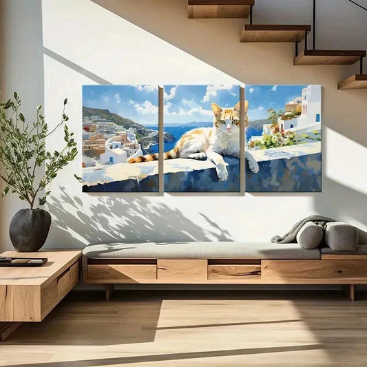 3pcs Abstract Cat & Aegean Sea of Greece Scene Wall Art Set Canvas Framed 60x90cm - High Quality Print 100% Australian Made Wall Canvas Ready to Hang