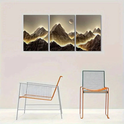 3pcs Modern Abstract Mountain Golden Themed Metal Print Ready to Hang Art