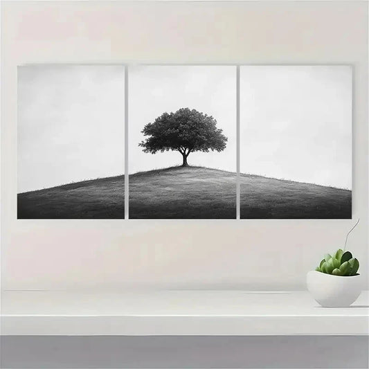 3pcs Black and White Sketch Tree Landscape Metal Print Ready to Hang Art