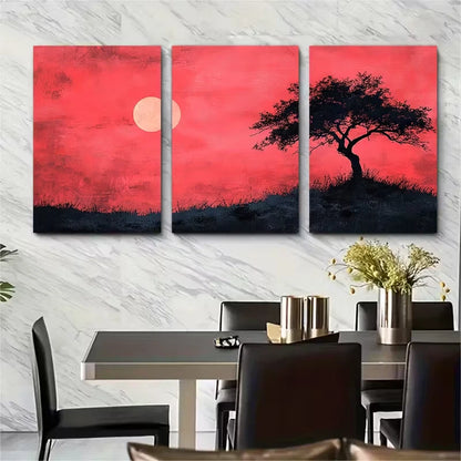 3pcs Abstract Pink Sky with Black Tree Silhouette Metal Print Ready to Hang Art