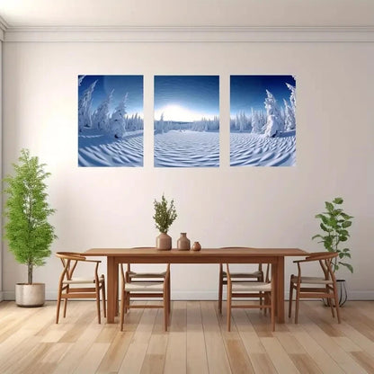 3pcs Snow Forest Scene with Pine Trees Sunlit Sky Metal Print Ready to Hang Art