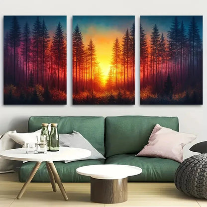3pcs Colorful Forest Sunset in a Pine Forest Metal Print Ready to Hang Art