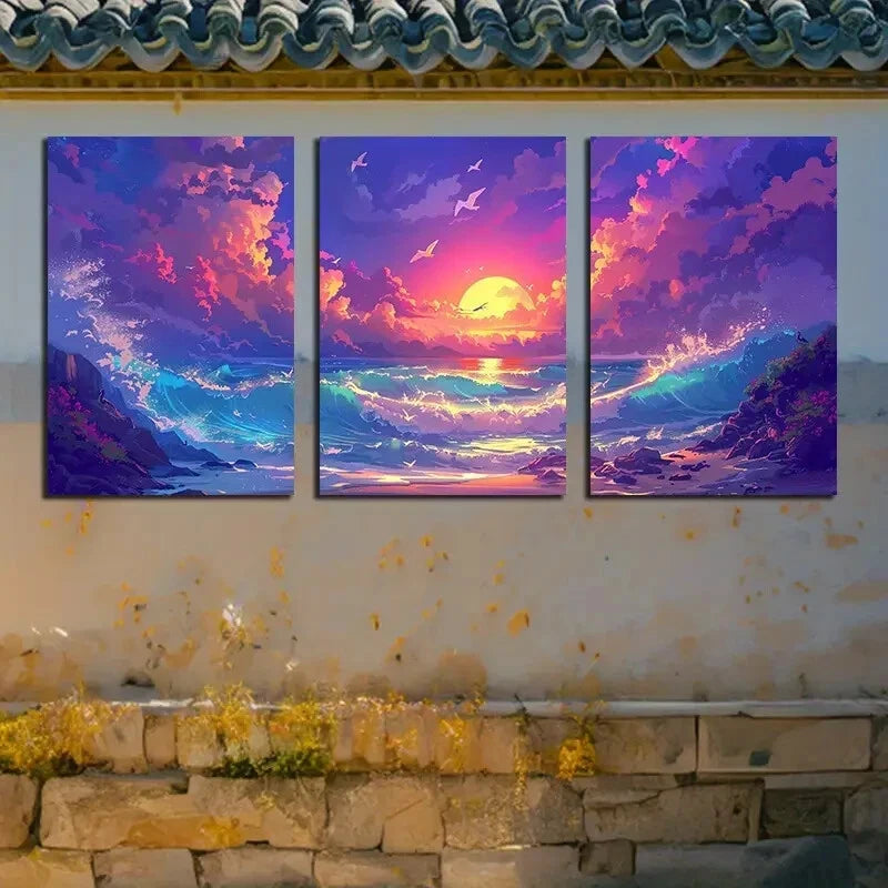 3pcs Vibrant Chic Quiet Beach Illustration Metal Print Ready to Hang Art