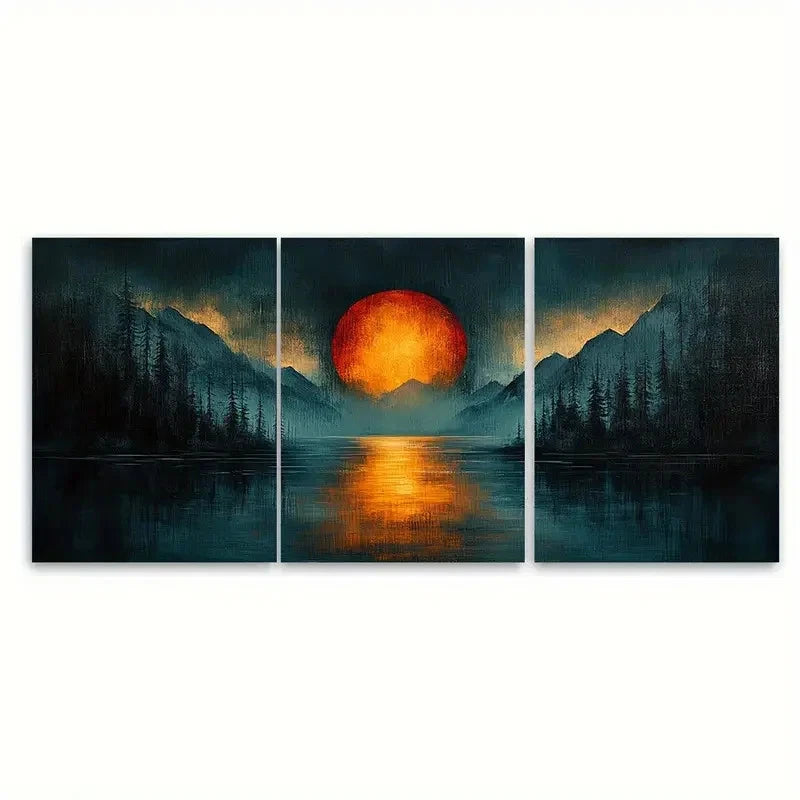 3pcs Cold Toned Blues Grunge Orange Sunset View Wall Art Set Canvas Framed 50x70cm - High Quality Print 100% Australian Made Wall Canvas Ready to Hang