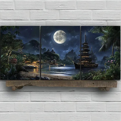 3pcs Ancient Pagoda Under The Moonlight Metal Print Ready to Hang Art