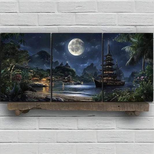 3pcs Ancient Pagoda Under The Moonlight Metal Print Ready to Hang Art