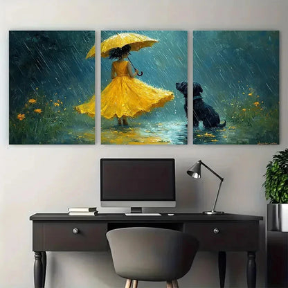 3pcs Whimsical Yellow Dress Girl and Dog in Rain Metal Print Ready to Hang Art