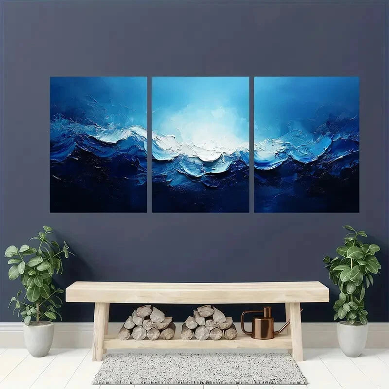 3pcs Blue and White Acrylic Abstract Painting Metal Print Ready to Hang Art