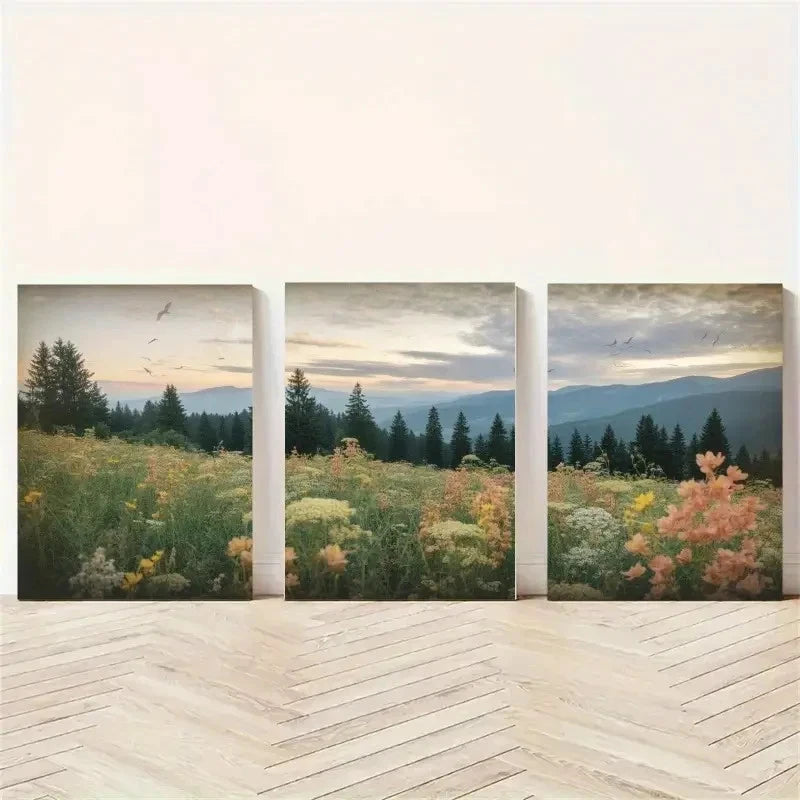 3pcs Vintage Serene Wildflower & Pine Tree Metal Print Ready to Hang Art