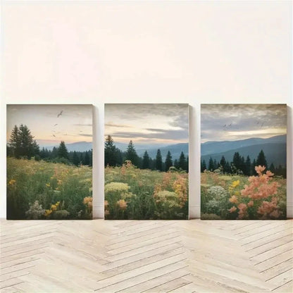 3pcs Vintage Serene Wildflower & Pine Tree Metal Print Ready to Hang Art