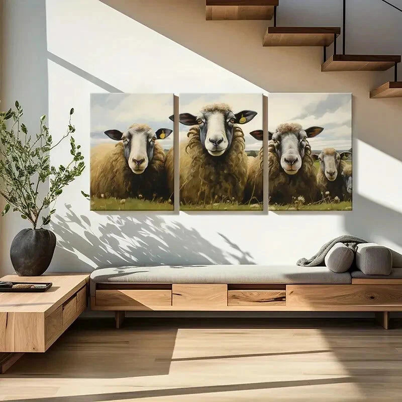 3pcs Sheep Pastoral Scene Farmhouse Art Metal Print Ready to Hang Art