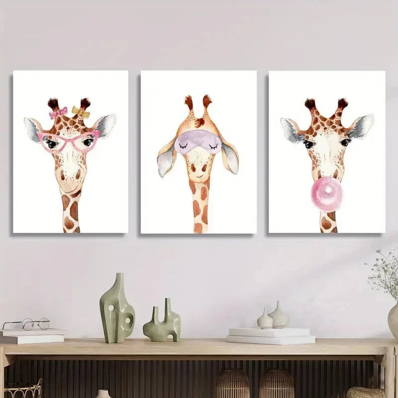 3pcs , Cartoon cute watercolor funny giraffe Metal Print Ready to Hang Art