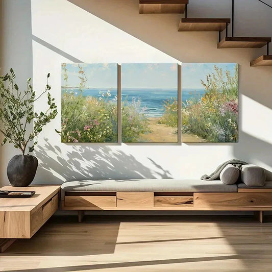 3pcs Seaside Pathway Floral Border Ocean View Metal Print Ready to Hang Art