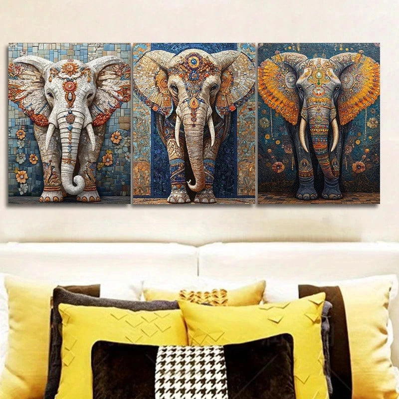 3pcs Vibrant Elephant Contemporary Style Metal Print Ready to Hang Art