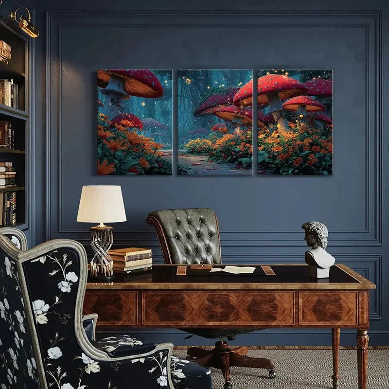 3pcs Enchanted Forest Mushroom Grove Fairy Lights Metal Print Ready to Hang Art