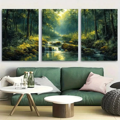 3pcs Dense Forest Flowing Stream Towering Trees Metal Print Ready to Hang Art