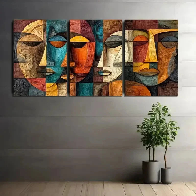 3pcs Retro Art Painting Cubist Faces Metal Print Ready to Hang Art