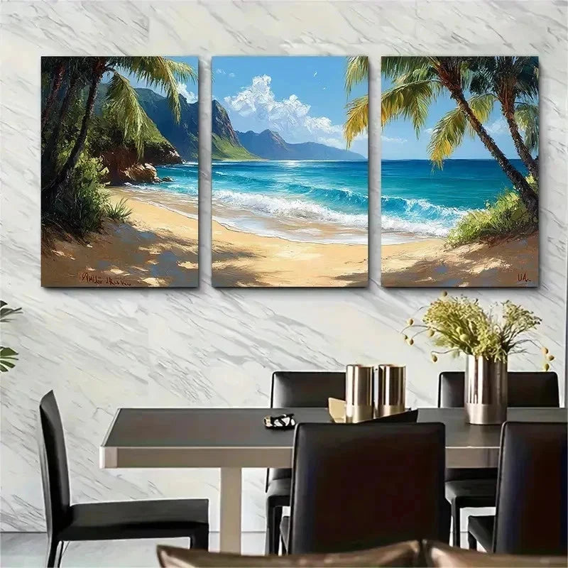 3pcs Hawaii Ke Kua Beach Original Art Seascape Wall Art Set Canvas Framed 60x90cm - High Quality Print 100% Australian Made Wall Canvas Ready to Hang
