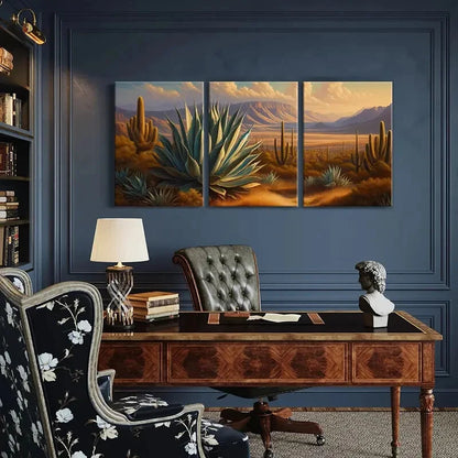 3pcs Vibrant Cactus & Mountain Sunset Scene Metal Print Ready to Hang Art