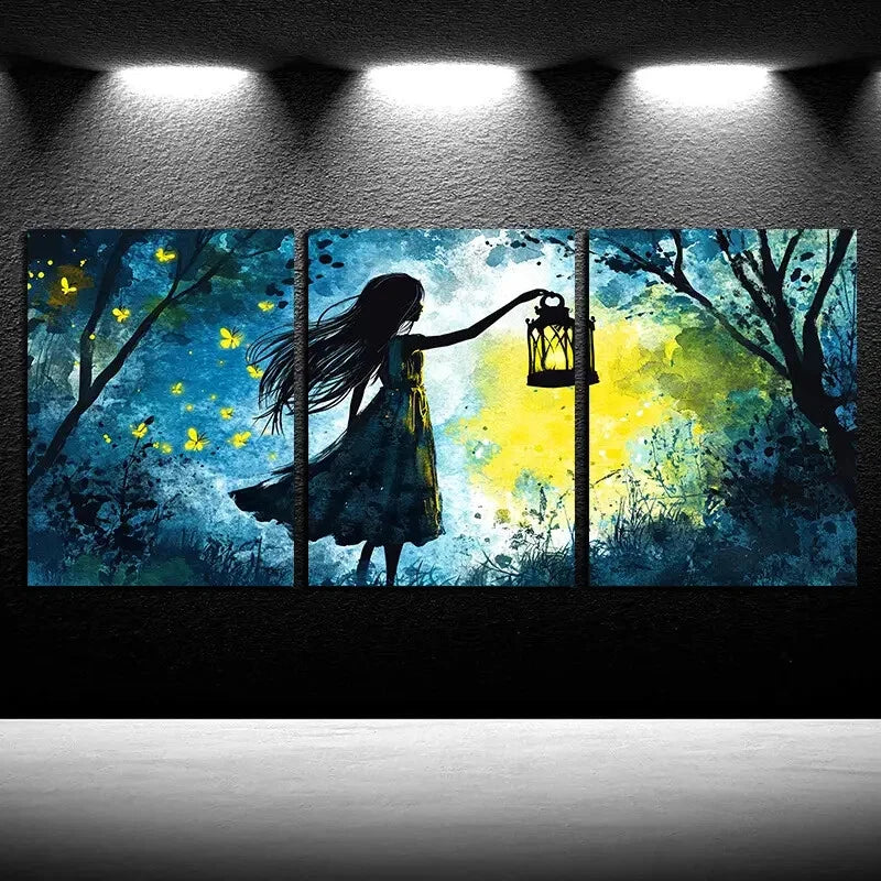 3pcs Enchanted Forest & Lantern Girl Metal Print Ready to Hang Art