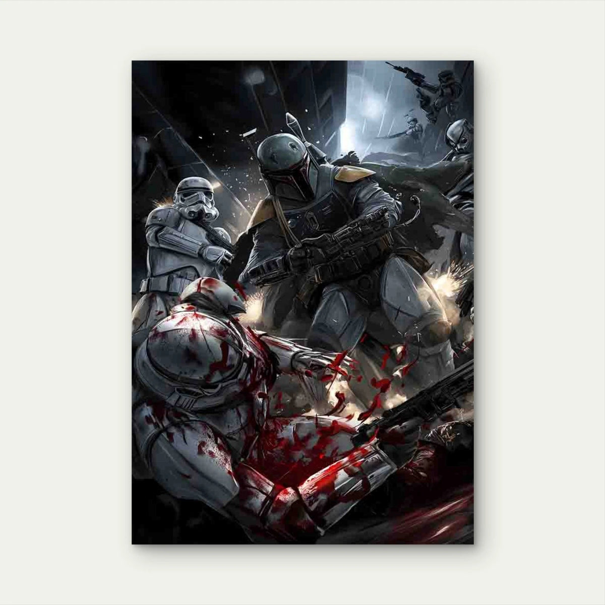 Armored Bounty Hunter Leading Assault 40x60cm Metal Print Ready to Hang