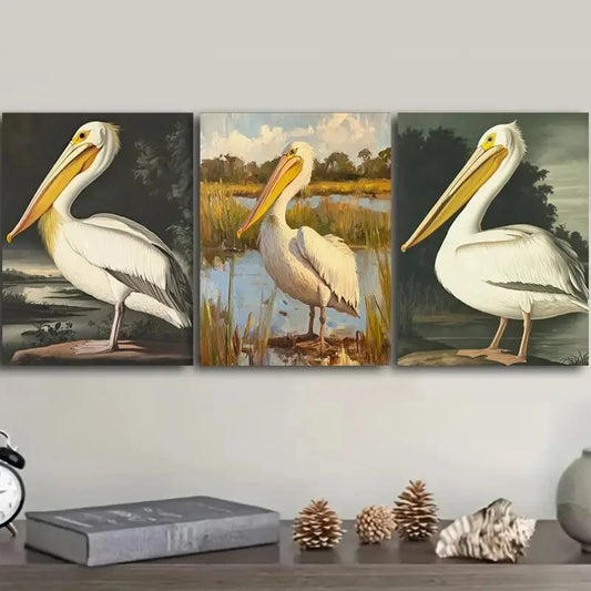3pcs Painting A White Pelican In A Swamp Metal Print Ready to Hang Art
