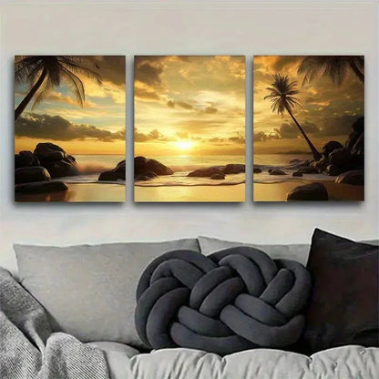 3pcs Tropical Vibrant Palm Trees & Ocean View Metal Print Ready to Hang Art