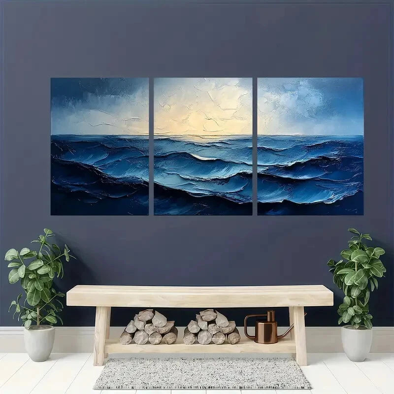 3pcs Blue and Gray Abstract Textured Painting Metal Print Ready to Hang Art