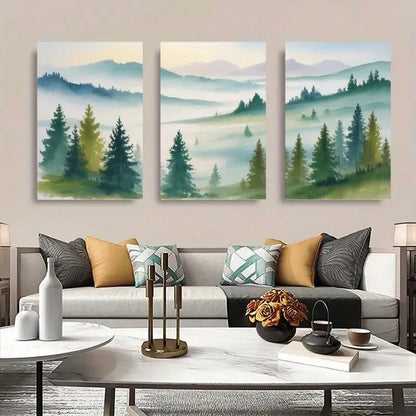 3pcs Misty Mountains & Pine Trees Landscape Metal Print Ready to Hang Art