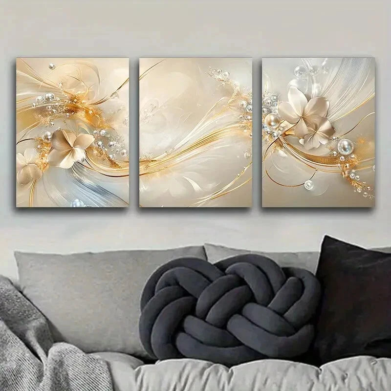 3pcs Luxurious Golden And Beige Swirls for Home Metal Print Ready to Hang Art