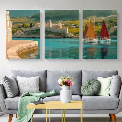 3pcs Seaside Village Sailboats Landscape Metal Print Ready to Hang Art