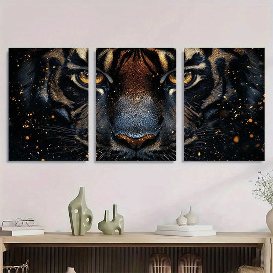 3pcs Black and Golden Tiger Animal Metal Print Ready to Hang Art
