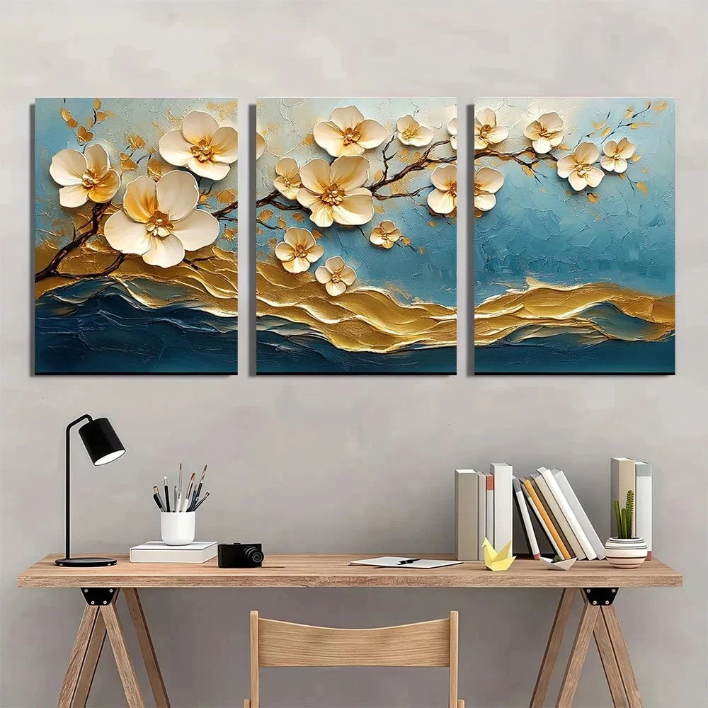 3pcs Modern Abstract Golden White Oil Painting Metal Print Ready to Hang Art