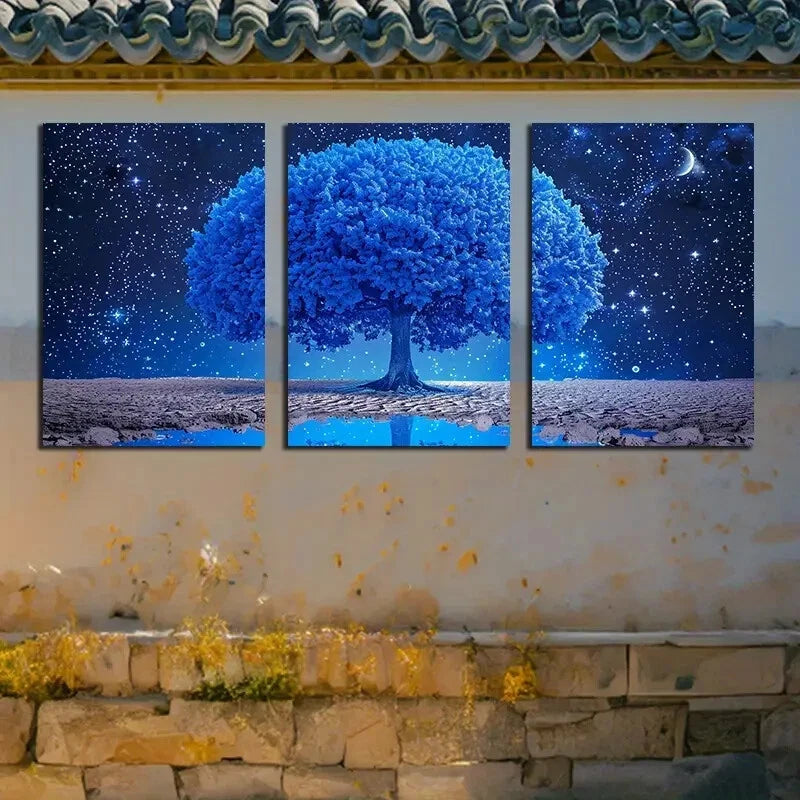 3pcs Tree with Blue Leaves with Sky View Metal Print Ready to Hang Art