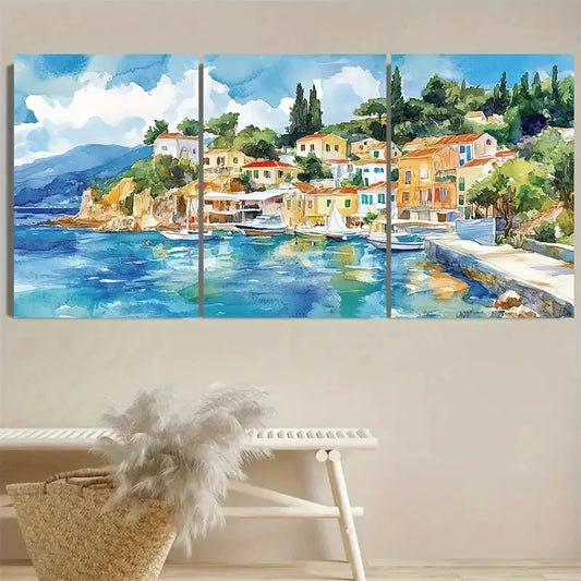 3pcs Greece Travel Greek Ionian Sea Coastal Wall Art Set Canvas Framed 60x90cm - High Quality Print 100% Australian Made Wall Canvas Ready to Hang