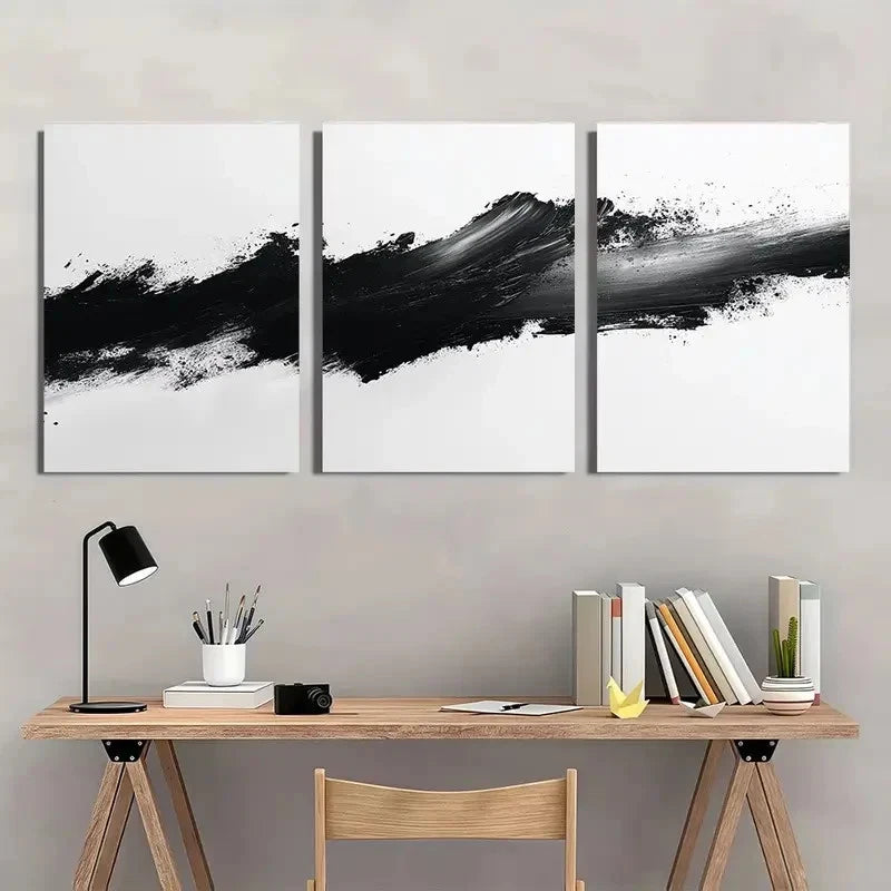3pcs Black White Abstract Stroke Graffiti Design Wall Art Set Canvas Framed 40x60cm - High Quality Print 100% Australian Made Wall Canvas Ready to Hang