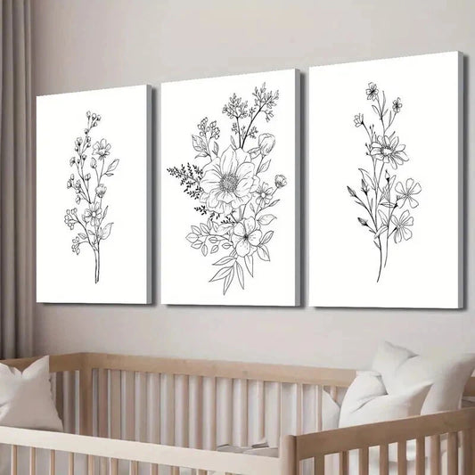 3pcs Black and White Botanical Floral Theme Wall Art Set Canvas Framed 60x90cm - High Quality Print 100% Australian Made Wall Canvas Ready to Hang