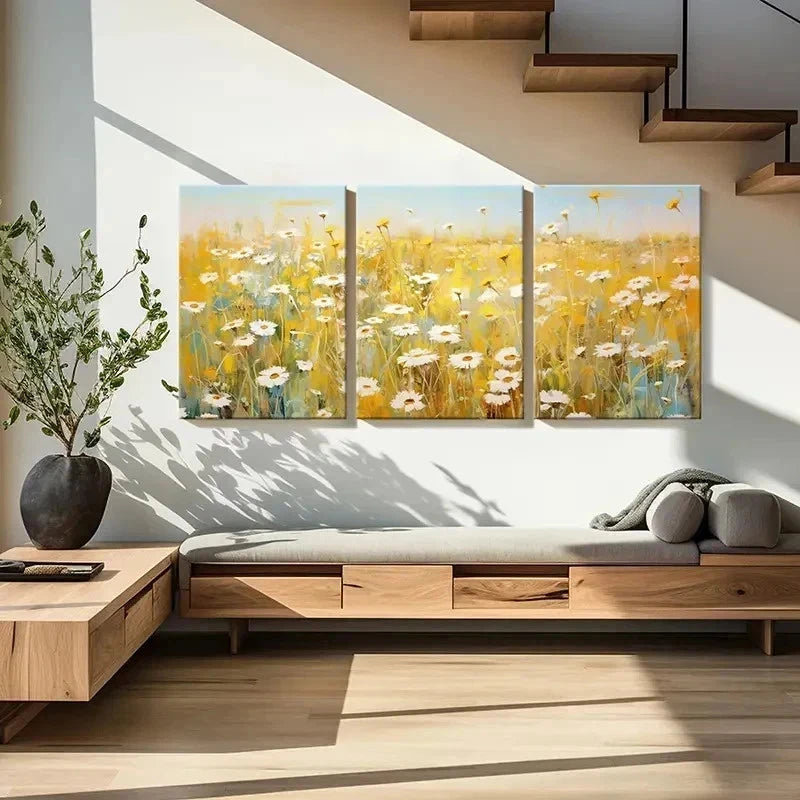3pcs Daisy Flower Fields Landscape Wall Art Set Canvas Framed 40x60cm - High Quality Print 100% Australian Made Wall Canvas Ready to Hang