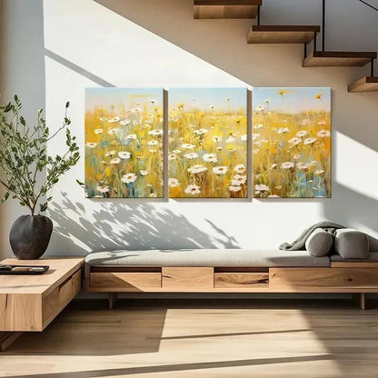 3pcs Daisy Flower Fields Landscape Wall Art Set Canvas Framed 40x60cm - High Quality Print 100% Australian Made Wall Canvas Ready to Hang