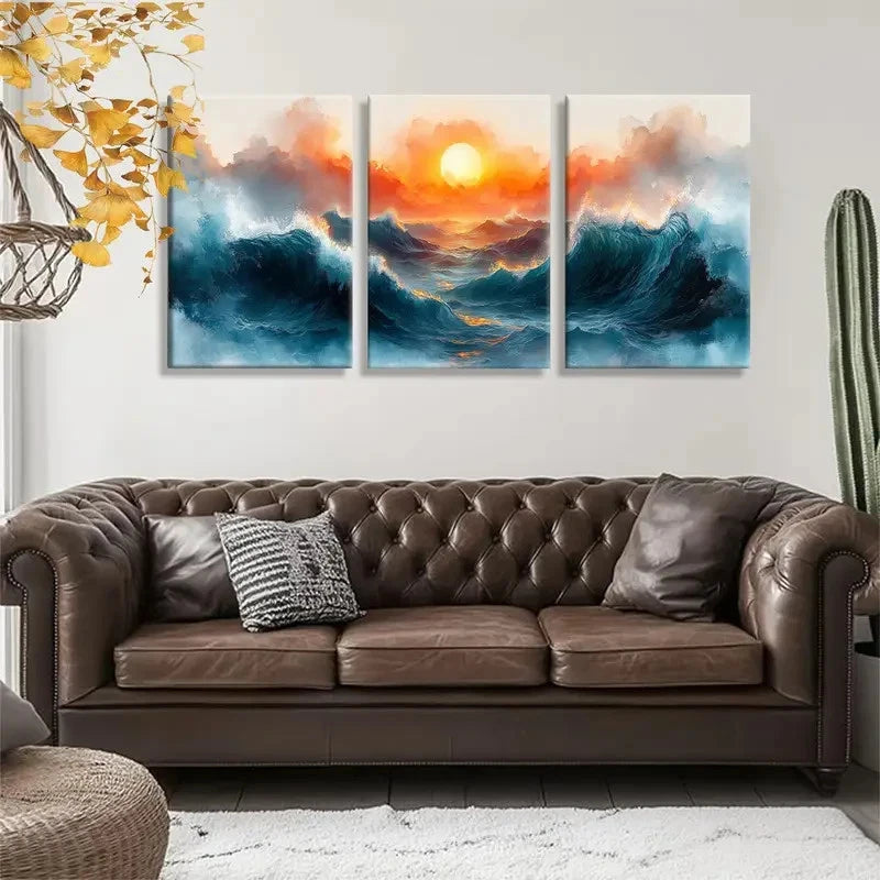 3pcs Hot Ocean Sunset and Rolling Blue Waves Metal Print Ready to Hang Art