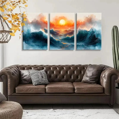 3pcs Hot Ocean Sunset and Rolling Blue Waves Metal Print Ready to Hang Art